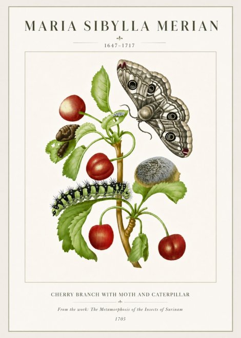 Maria Sibylla Merian Cherry Branch with Moth and Caterpillar No6 - Juliste