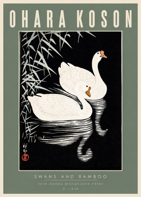 Ohara Koson Swans and Bamboo No2 - Juliste