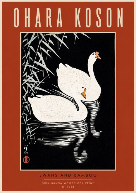 Ohara Koson Swans and Bamboo No4 - Juliste