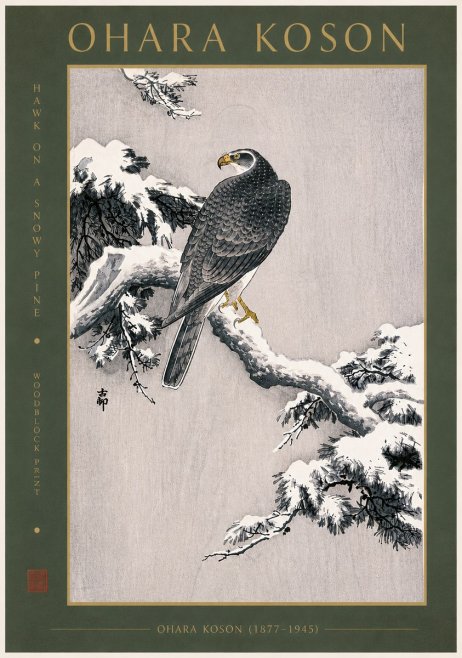 Ohara Koson Hawk on a Snowy Pine No6 - Juliste