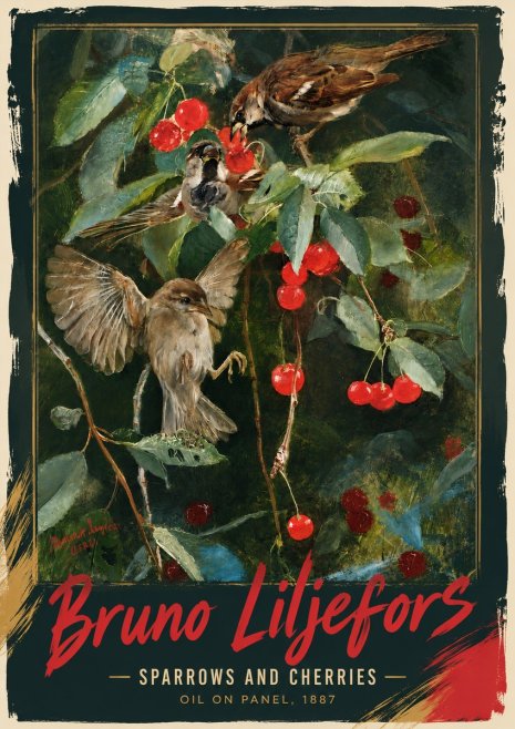 Bruno Liljefors Sparrows and Cherries No3 - Juliste