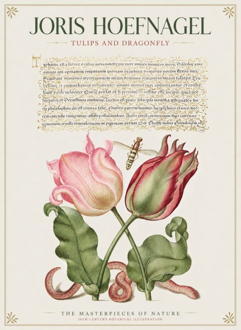 Joris Hoefnagel Two Tulips with Caterpillars and Dragonfly No2 - Juliste