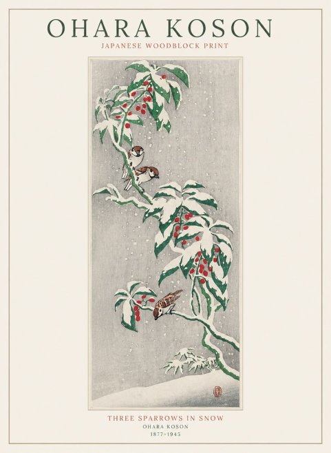 Ohara Koson Three Sparrows in Snow No1 - Juliste