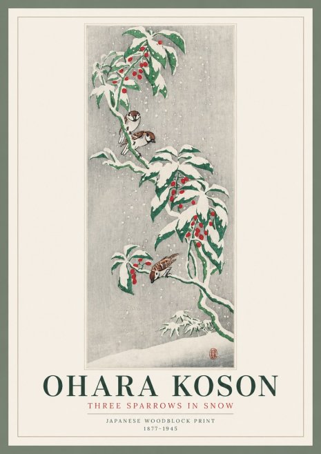 Ohara Koson Three Sparrows in Snow No2 - Juliste