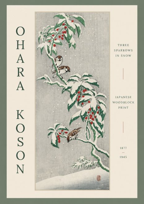 Ohara Koson Three Sparrows in Snow No3 - Juliste
