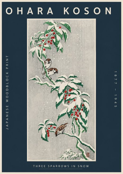 Ohara Koson Three Sparrows in Snow No4 - Juliste