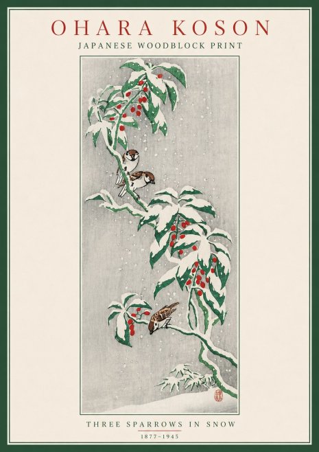 Ohara Koson Three Sparrows in Snow No5 - Juliste