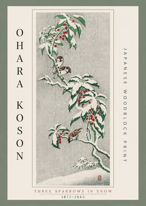 Ohara Koson Three Sparrows in Snow No6 - Juliste