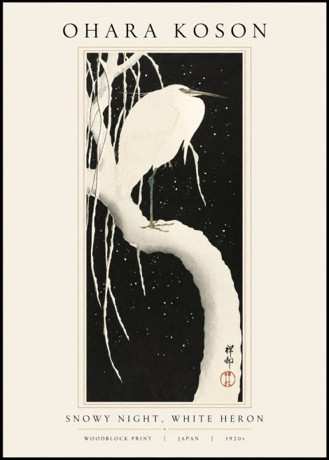 Ohara Koson Snowy Night, White Heron No1 - Juliste