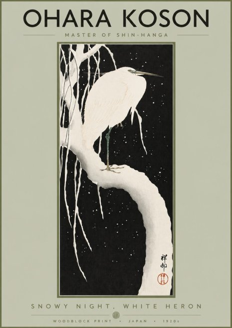 Ohara Koson Snowy Night, White Heron No2 - Juliste