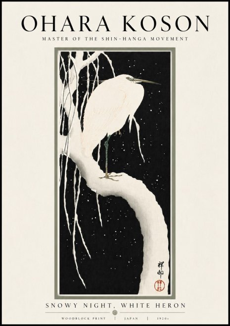 Ohara Koson Snowy Night, White Heron No4 - Juliste