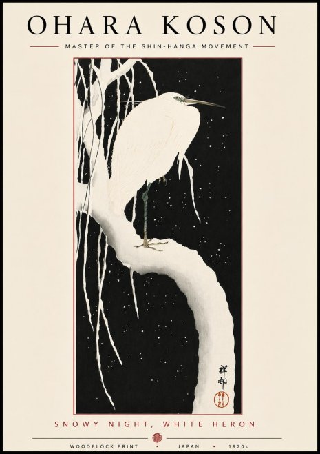 Ohara Koson Snowy Night, White Heron No5 - Juliste