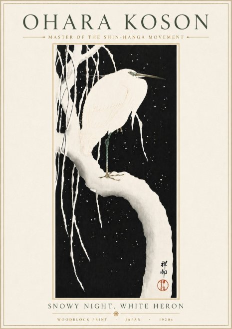 Ohara Koson Snowy Night, White Heron No6 - Juliste