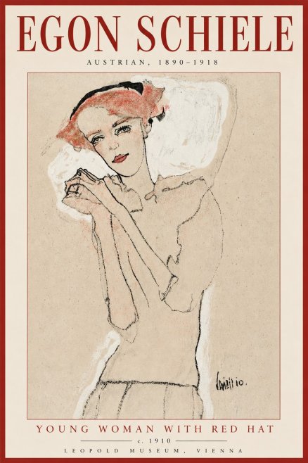 Schiele Young Woman with Red Hat No2 - Juliste
