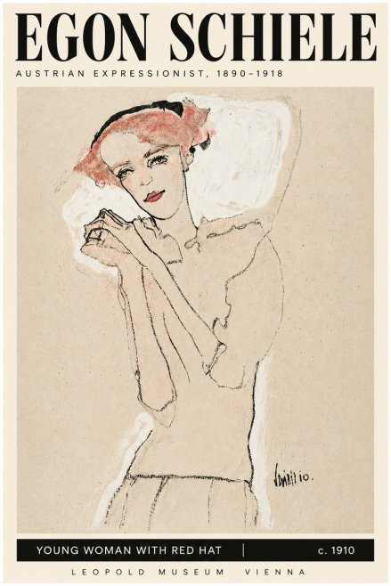 Schiele Young Woman with Red Hat No3 - Juliste