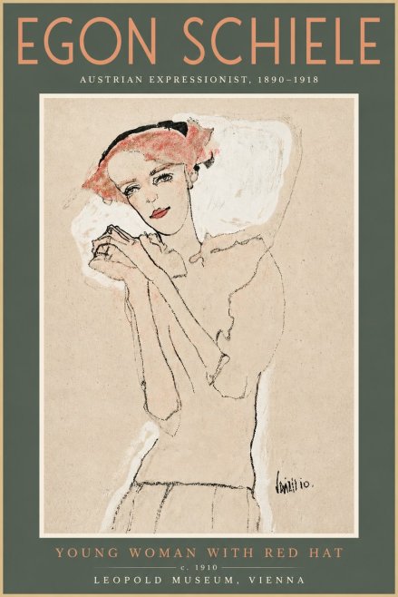 Schiele Young Woman with Red Hat No4 - Juliste