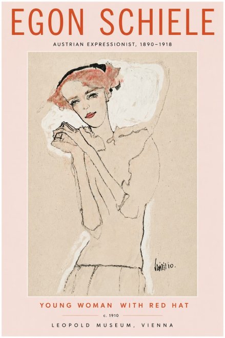 Schiele Young Woman with Red Hat No6 - Juliste