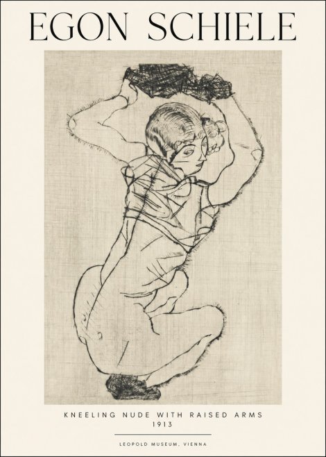 Schiele Kneeling Nude with Raised Arms No1 - Juliste