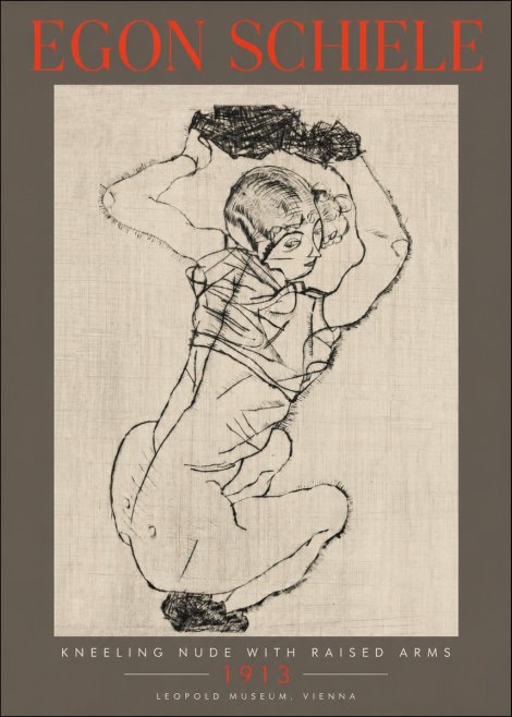 Schiele Kneeling Nude with Raised Arms No2 - Juliste