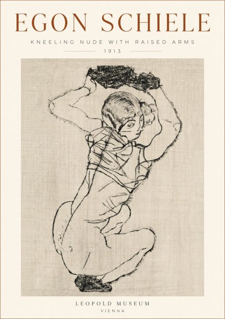 Schiele Kneeling Nude with Raised Arms No3 - Juliste
