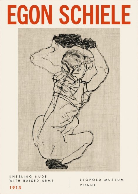 Schiele Kneeling Nude with Raised Arms No4 - Juliste