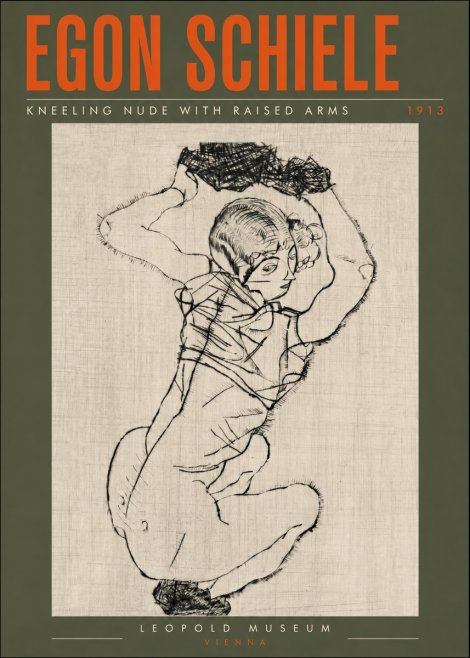 Schiele Kneeling Nude with Raised Arms No6 - Juliste