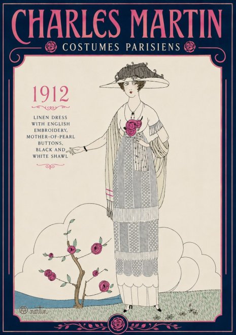 Charles Martin Linen Dress with English Embroidery, Mother-of-pearl Buttons, Black and White Shawl No5 - Juliste