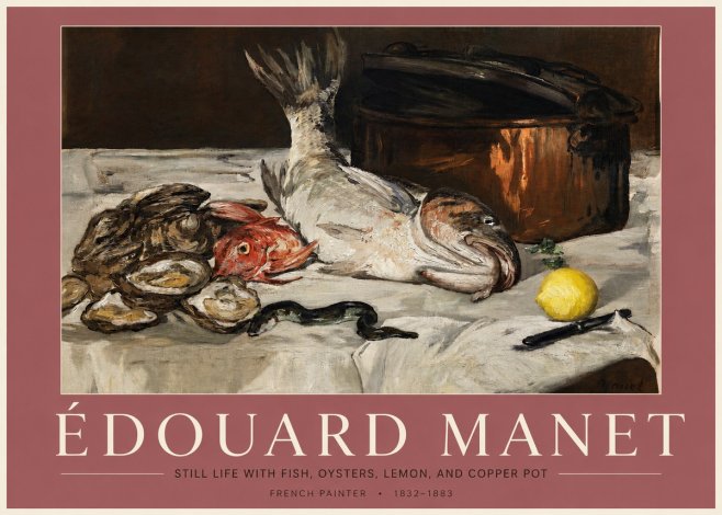 Édouard Manet Still Life with Fish, Oysters, Lemon, and Copper Pot No3 - Juliste