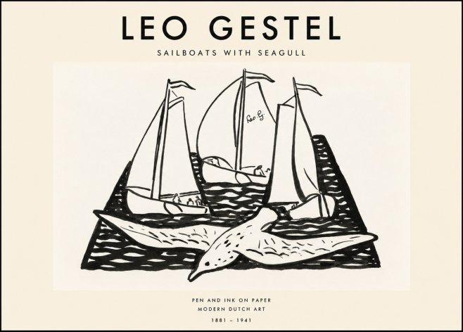 Leo Gestel Sailboats with Seagull No1 - Juliste