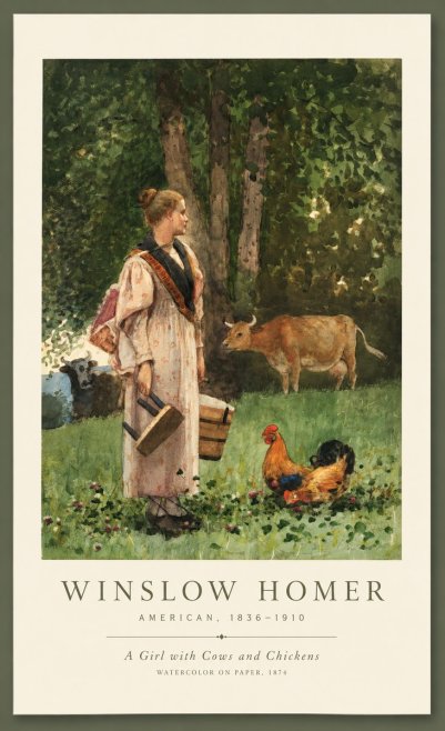 Winslow Homer A Girl with Cows and Chickens No1 - Juliste