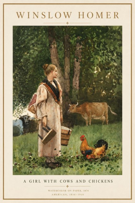 Winslow Homer A Girl with Cows and Chickens No4 - Juliste
