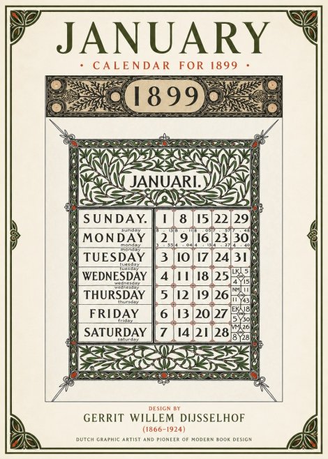 Gerrit Willem Dijsselhof January. Calendar for 1899. No1 - Juliste