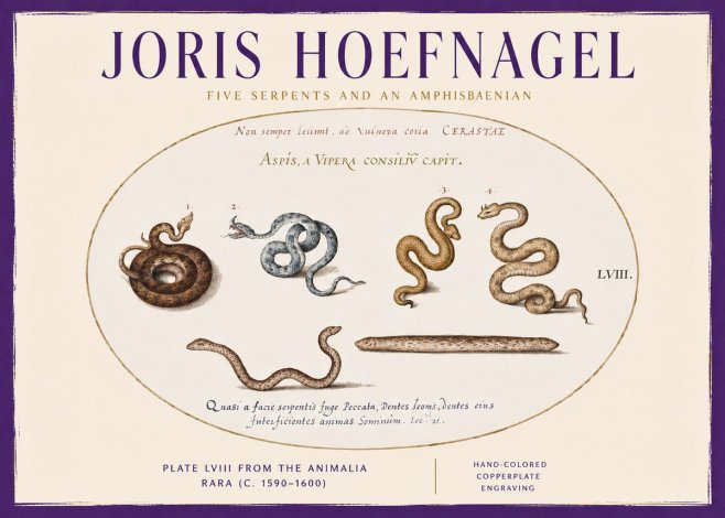 Joris Hoefnagel Five Serpents and an Amphisbaenian No3 - Juliste