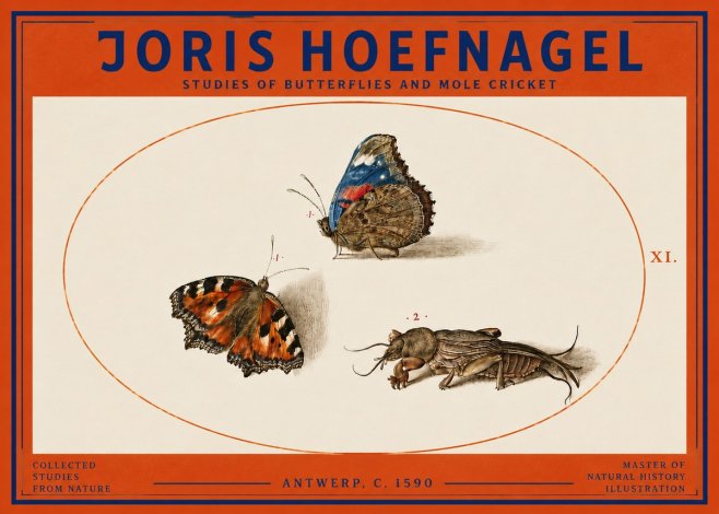 Joris Hoefnagel Studies of Butterflies and Mole Cricket No3 - Juliste