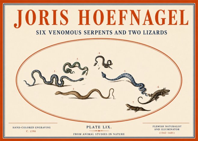 Joris Hoefnagel Six Venomous Serpents and Two Lizards No4 - Juliste