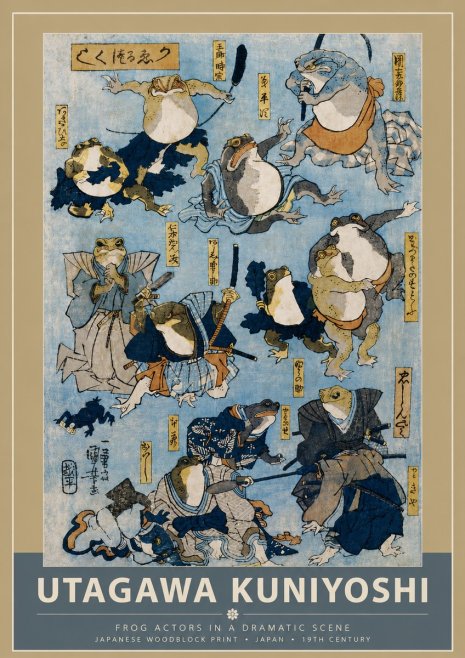 Utagawa Kuniyoshi Frog Actors in a Dramatic Scene No5 - Juliste