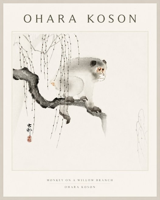 Ohara Koson Monkey on a Willow Branch No1 - Juliste