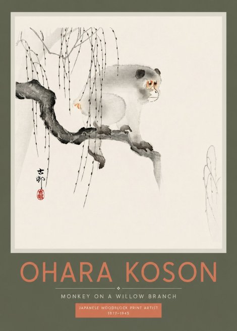 Ohara Koson Monkey on a Willow Branch No2 - Juliste