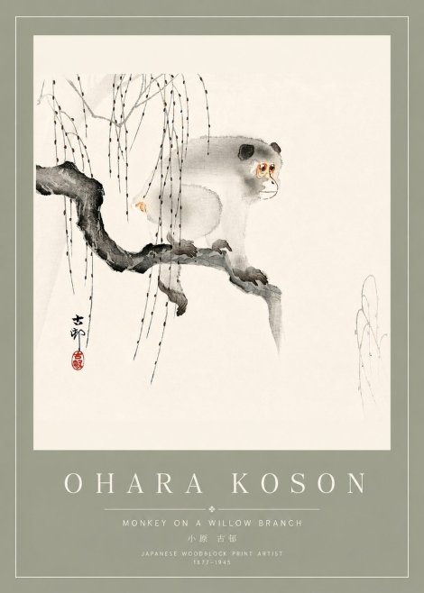 Ohara Koson Monkey on a Willow Branch No4 - Juliste