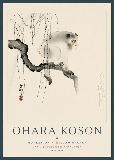 Ohara Koson Monkey on a Willow Branch No5 - Juliste