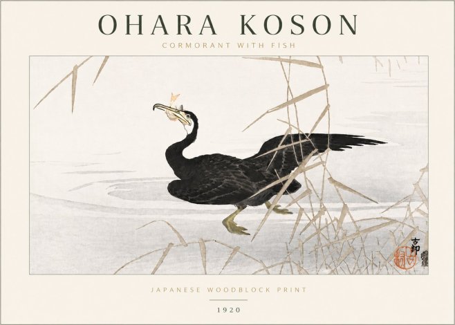 Ohara Koson Cormorant with Fish No6 - Juliste