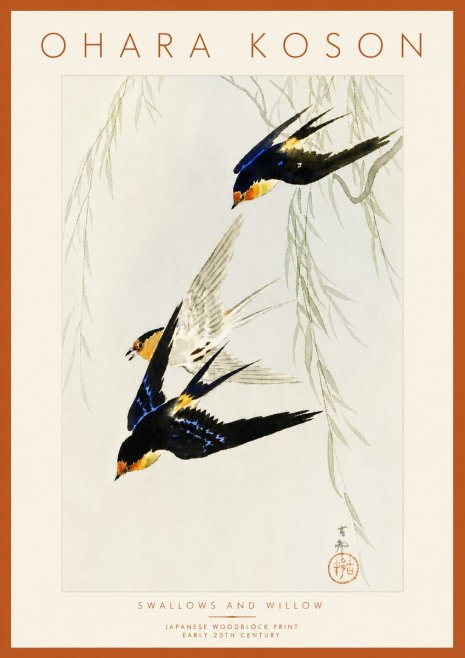 Ohara Koson Swallows and Willow I No6 - Juliste