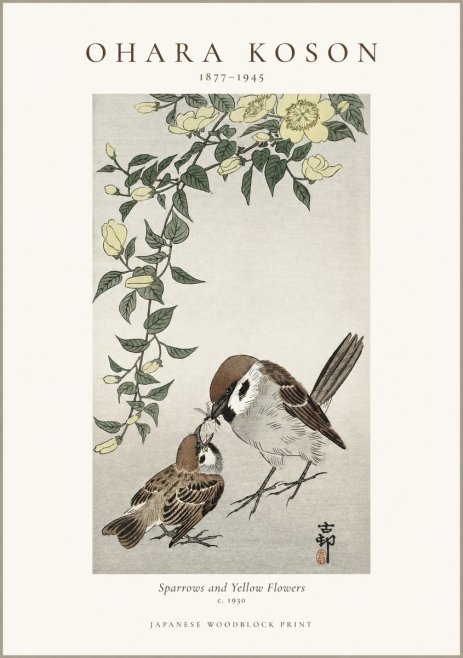 Ohara Koson Sparrows and Yellow Flowers No1 - Juliste