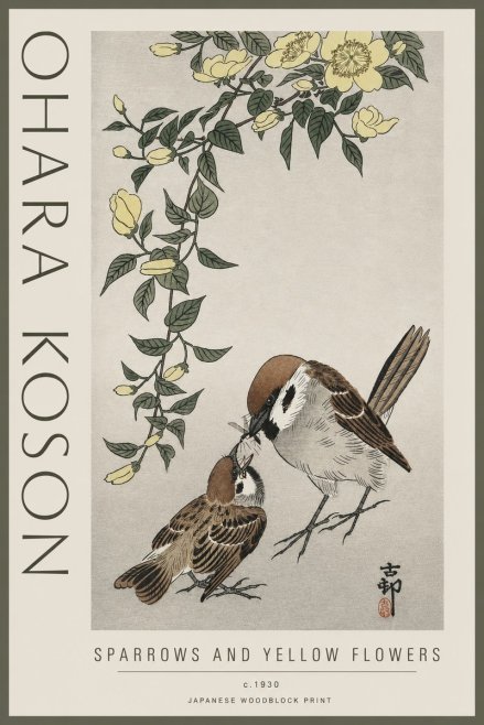 Ohara Koson Sparrows and Yellow Flowers No3 - Juliste