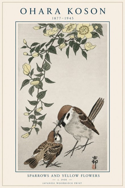 Ohara Koson Sparrows and Yellow Flowers No4 - Juliste