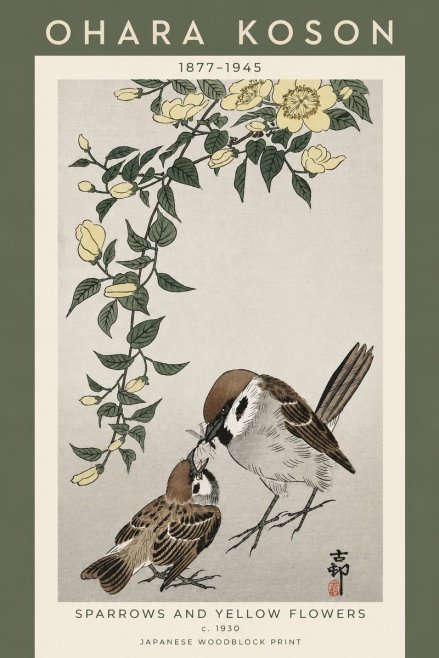 Ohara Koson Sparrows and Yellow Flowers No5 - Juliste