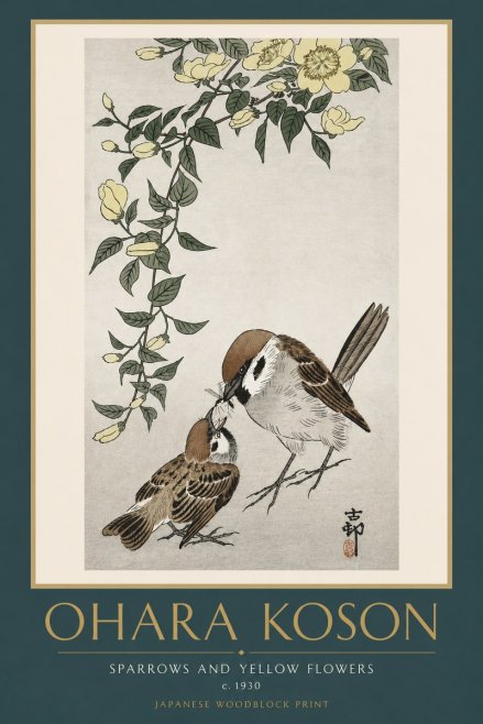 Ohara Koson Sparrows and Yellow Flowers No6 - Juliste