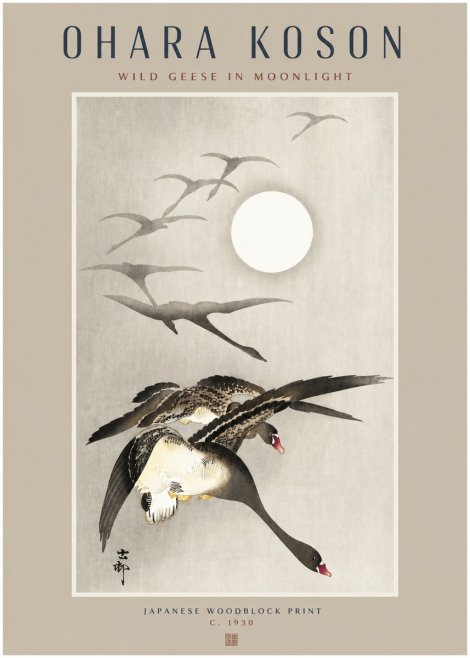 Ohara Koson Wild Geese in Moonlight I No2 - Juliste