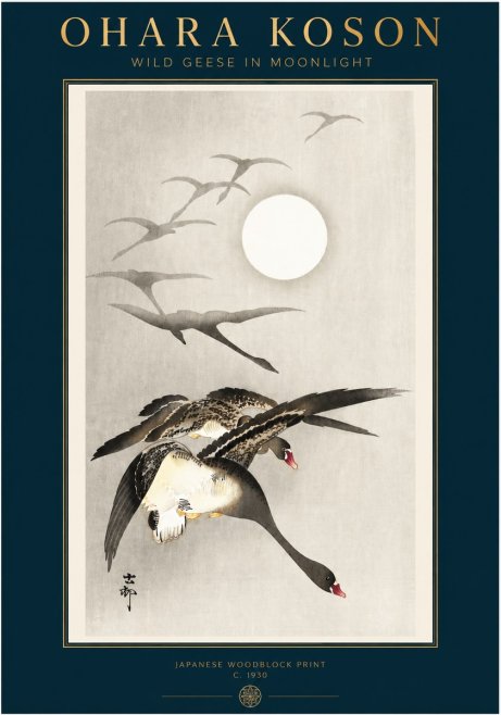 Ohara Koson Wild Geese in Moonlight I No3 - Juliste
