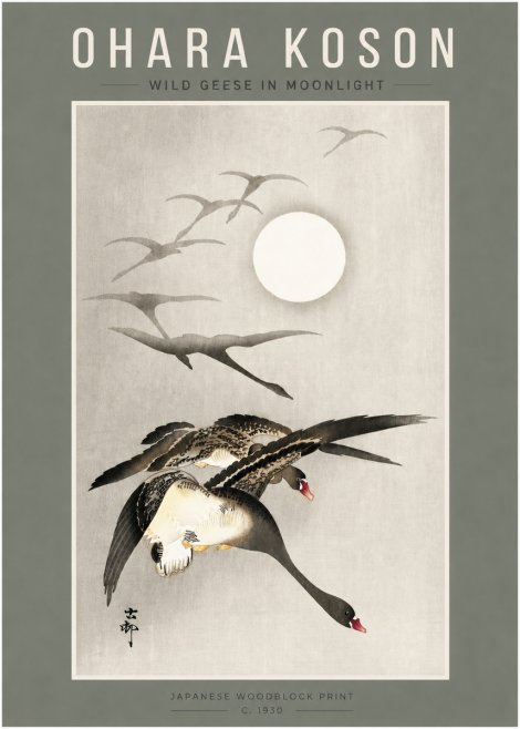 Ohara Koson Wild Geese in Moonlight I No4 - Juliste